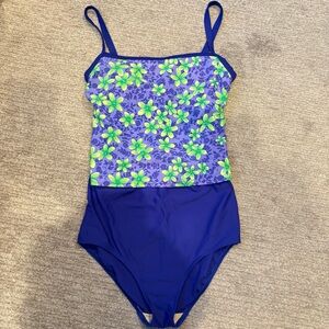 Vintage Y2K Krista Blue & Green Floral Tankini Top and Bottom Swimsuit-Size 16W